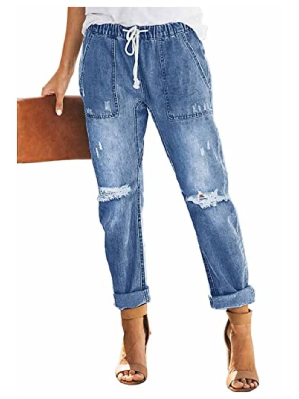 Women's Distressed Pull-On Denim Joggers Elastic Waist Stretch Jeans